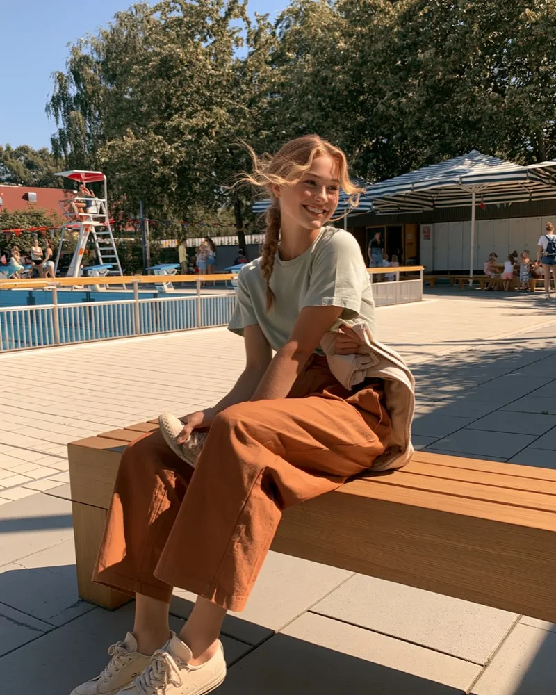 A woman sitting beside an outdoor swimming pool before