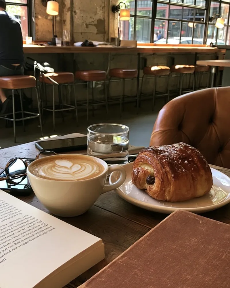 Coffee, a pastry and an open book on a cafe table before