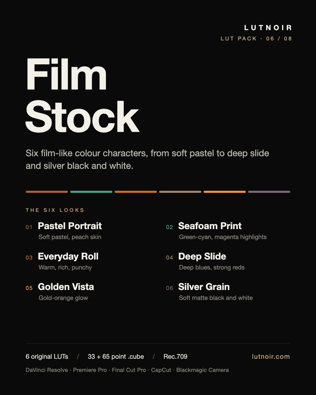 Film Stock cover: Six film-like colour characters, from soft pastel to