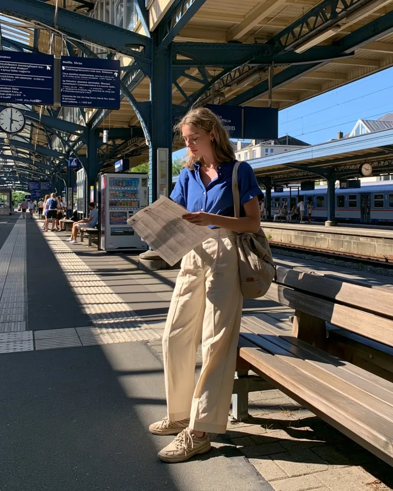 A woman reading a paper at a busy train platform before