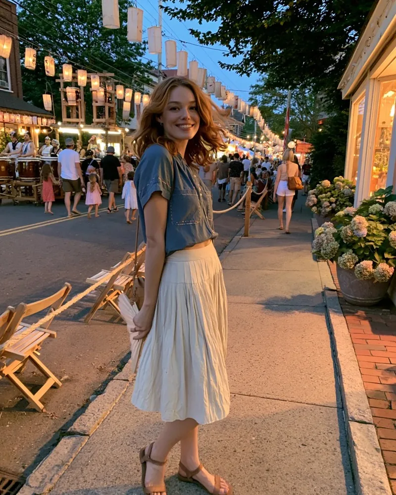 A woman standing on a lantern-lit street before