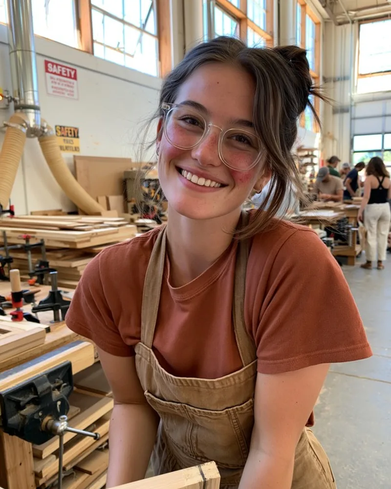 A woman smiling in a woodworking workshop before