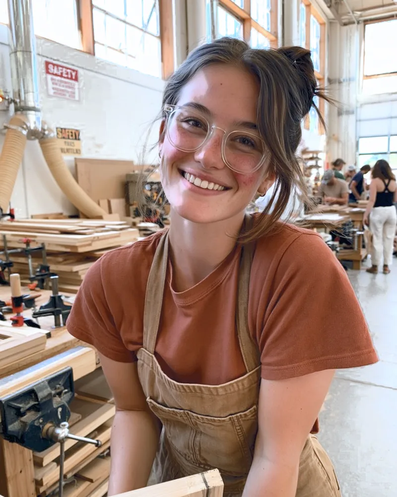 A woman smiling in a woodworking workshop after